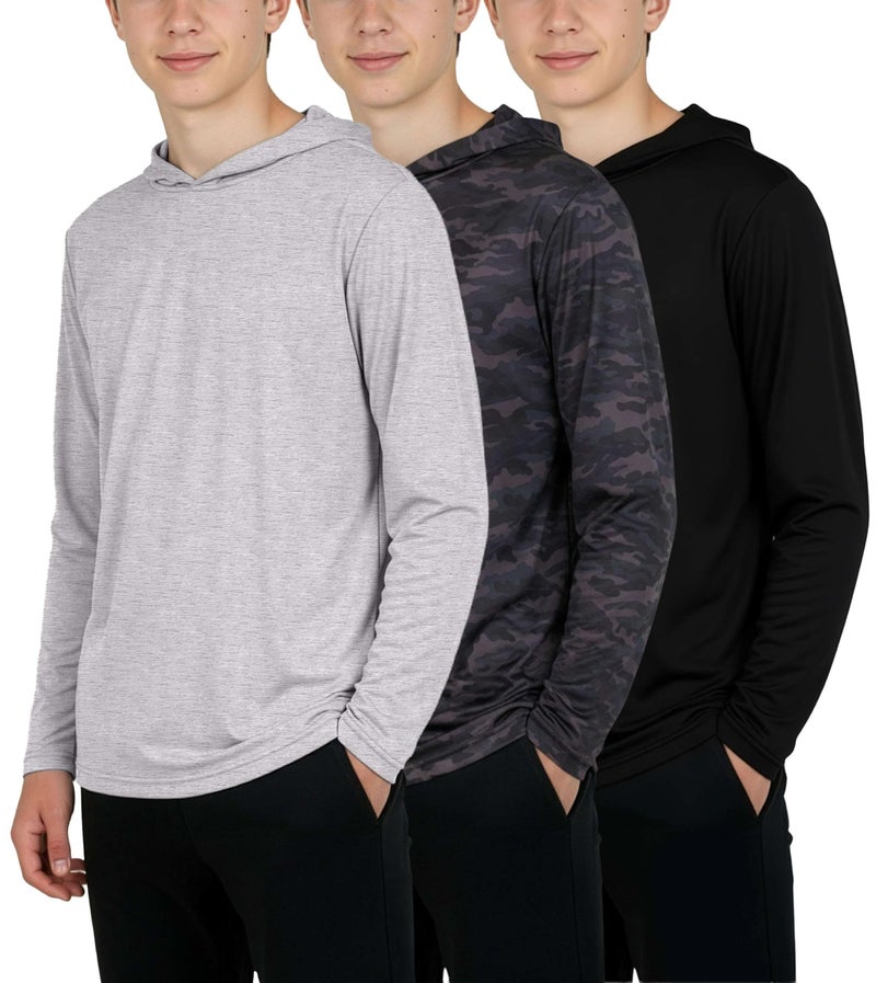 REALESSENTIALS Real Essentials 3 Pack: Dry-Fit Youth Boys Teen Active Long Sleeve Hoodie Sweatshirts - Hooded Pullover Shirts -Set 5,L (12-14) - Image 1